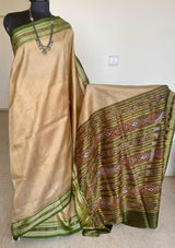BIKHIPTA- TIMELESS ELEGANCE, BEIGE KHANDUA TUSSAR WITH REFRESHING GREEN BORDER