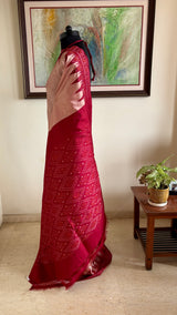 ROHISHA — PEACHISH PINK POCHAMPALLY WITH A STRIKING RED AANCHAL