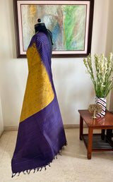 ISHARA – GOLDEN OCHRE KANJIVARAM WITH PURPLE BORDER, DUAL AANCHAL