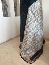 SHYAMI- BLACK POCHAMPALLY WITH WHITE FLORAL IKAT BORDER