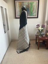 SHYAMI- BLACK POCHAMPALLY WITH WHITE FLORAL IKAT BORDER