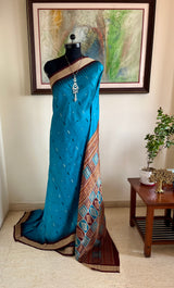 TANMAYA – BLUE BOMKAI SILK WITH RUDRAKSH AND MAROON TEMPLE BORDER