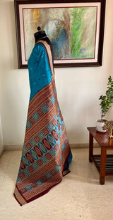 TANMAYA – BLUE BOMKAI SILK WITH RUDRAKSH AND MAROON TEMPLE BORDER