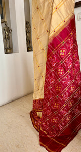 PRIYANGI – CREAM AND GOLD PATOLA WITH MAROON IKAT GEOMETRIC MOTIFS