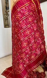 PRIYANGI – CREAM AND GOLD PATOLA WITH MAROON IKAT GEOMETRIC MOTIFS