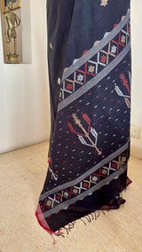 TOSHANI – BLACK COTTON JAMDANI WITH PEACH, RUST AND OFF-WHITE MOTIFS