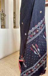 TOSHANI – BLACK COTTON JAMDANI WITH PEACH, RUST AND OFF-WHITE MOTIFS