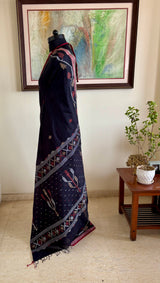 TOSHANI – BLACK COTTON JAMDANI WITH PEACH, RUST AND OFF-WHITE MOTIFS