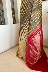 KRUTI – BEIGE KANJIVARAM SILK SAREE WITH PINK ZARI AANCHAL