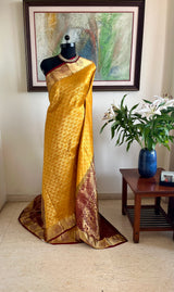 KANIRA – GOLDEN YELLOW MAROON KANJIVARAM SILK SPLENDOUR