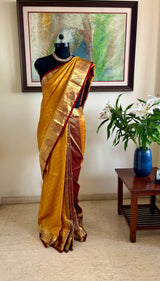 KANIRA – GOLDEN YELLOW MAROON KANJIVARAM SILK SPLENDOUR