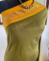 INDRAJA - GREEN CHECKERED KANJIVARAM GREEN MUSTARD ZARI AANCHAL