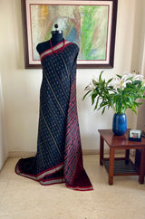 SMRUTIKA – SAMBALPURI COTTON SAREE IN BLACK WITH MAROON IKAT AANCHAL