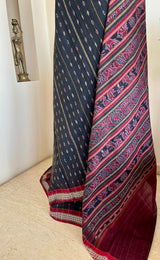 SMRUTIKA – SAMBALPURI COTTON SAREE IN BLACK WITH MAROON IKAT AANCHAL