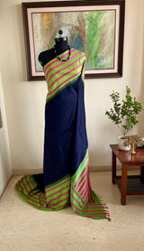 SHARVI – NAVY BLUE KANJIVARAM SILK SAREE WITH GREEN PINK BORDER