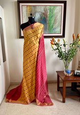 TANU – YELLOW IKAT SILK WITH PEACOCK PATLI PLEATS