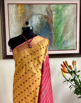 TANU – YELLOW IKAT SILK WITH PEACOCK PATLI PLEATS