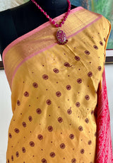 TANU – YELLOW IKAT SILK WITH PEACOCK PATLI PLEATS