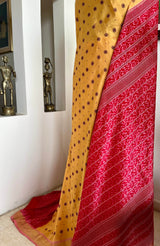 TANU – YELLOW IKAT SILK WITH PEACOCK PATLI PLEATS