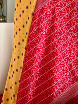 TANU – YELLOW IKAT SILK WITH PEACOCK PATLI PLEATS