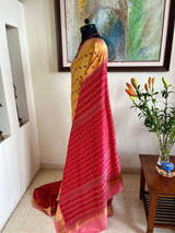 TANU – YELLOW IKAT SILK WITH PEACOCK PATLI PLEATS