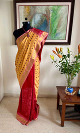 TANU – YELLOW IKAT SILK WITH PEACOCK PATLI PLEATS
