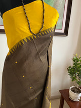 JAYANA – GREENISH BROWN CHECKS SAREE WITH YELLOW BORDER