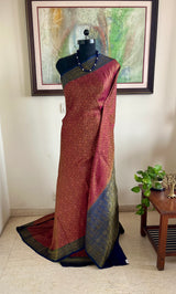 PALLAVIYA – RUST RED TANCHOI SILK SAREE WITH BLUE AANCHAL
