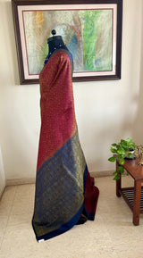 PALLAVIYA – RUST RED TANCHOI SILK SAREE WITH BLUE AANCHAL