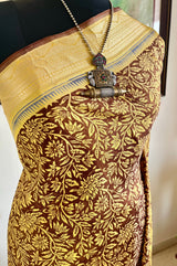 SUBHRANSHI- ELEGANT BROWN SILK SAREE WITH FLORAL AND FERN DETAILING