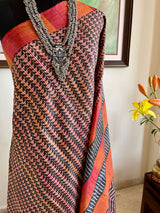 ABITHA- LIGHT RUST PRINTED TUSSAR WITH STRIPED BORDER