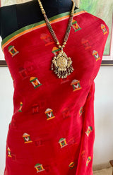 PIYA – RED MUSLIN JAMDANI WITH WOVEN HOUSE MOTIFS