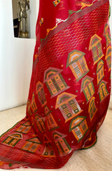 PIYA – RED MUSLIN JAMDANI WITH WOVEN HOUSE MOTIFS