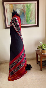 SUKESHI — BLACK DOUBLE IKAT POCHAMPALLY WITH RED FLORAL AANCHAL
