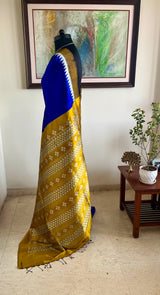 SHAILEENA- ROYAL BLUE MULBERRY SILK IKKAT WITH ELEPHANTS