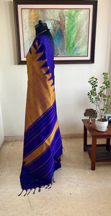 KAVINDHI – MUSTARD GOLD KANJIVARAM WITH PURPLE TEMPLE MOTIFS