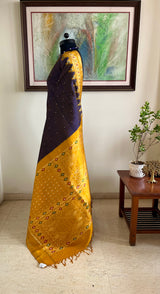PRADIPTAA – PURPLISH BLUE POCHAMPALLY SILK WITH MUSTARD AANCHAL