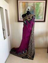 RUDRANI – MAGENTA PINK KHANDUA IKAT SILK SAREE WITH FLORAL & CONCH MOTIFS