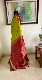 RISHAA – LIGHTWEIGHT GREEN KANJIVARAM WITH RED MAROON ZARI AANCHAL