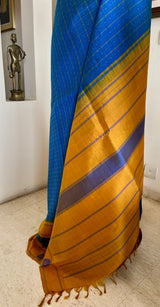 PRIYASHRI — BLUE KANJIVARAM WITH MUSTARD PEACOCK BORDERS