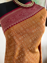 INIYA- MUSTARD MAROON KANJIVARAM WITH JACQUARD WOVEN MOTIFS