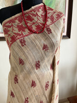 SUCHANDRA – BLOCK PRINTED GHICHA TUSSAR WITH JAMDANI INSPIRED AANCHAL