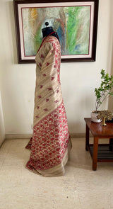 SUCHANDRA – BLOCK PRINTED GHICHA TUSSAR WITH JAMDANI INSPIRED AANCHAL