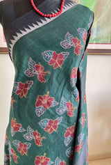 SUBHRAJA – GREEN NUAPATNA COTTON WITH HIBISCUS AND STRIPED AANCHAL