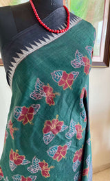 SUBHRAJA – GREEN NUAPATNA COTTON WITH HIBISCUS AND STRIPED AANCHAL