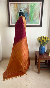 SRUDHA – MAROON AND MUSTARD KANJIVARAM WITH PAISLEY GRIDS