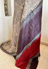 DHRISHA – TUSSAR WITH VILLAGE ART AND CONTRAST AANCHAL