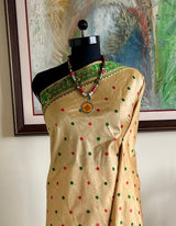 JIMISHA – GOLDEN BEIGE ASSAM SILK SAREE WITH FLORAL BORDERS AND AANCHAL