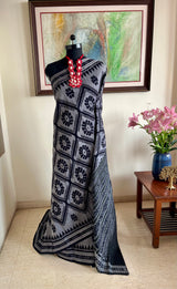 BHABANA- GREY BLACK BAGHAMBARI COTTON SAREE WITH BANDHA AANCHAL