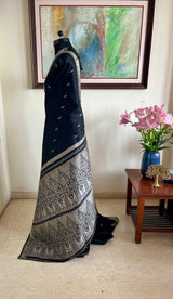 JAYALEKSHMI- BLACK SILVER ZARI KANJIVARAM WITH PAISLEY PEACOCK MOTIFS